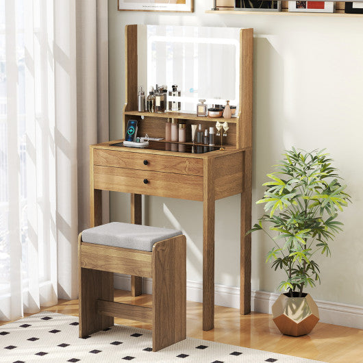 Small Vanity Desk with Mirror and Lights for Bedroom-Natural