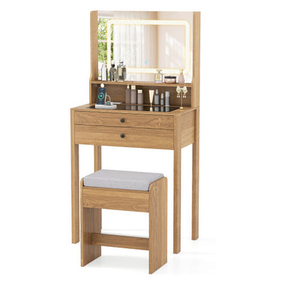 Small Vanity Desk with Mirror and Lights for Bedroom-Natural