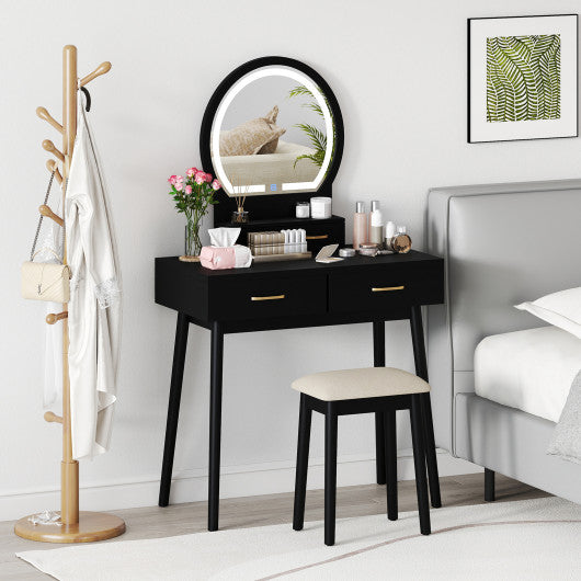 Small Vanity Makeup Dressing Table Set with Cushioned Stool and LED Lighted Mirror-Black