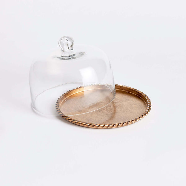 Small Vintage Glass Cloche with Gold Braided Tray