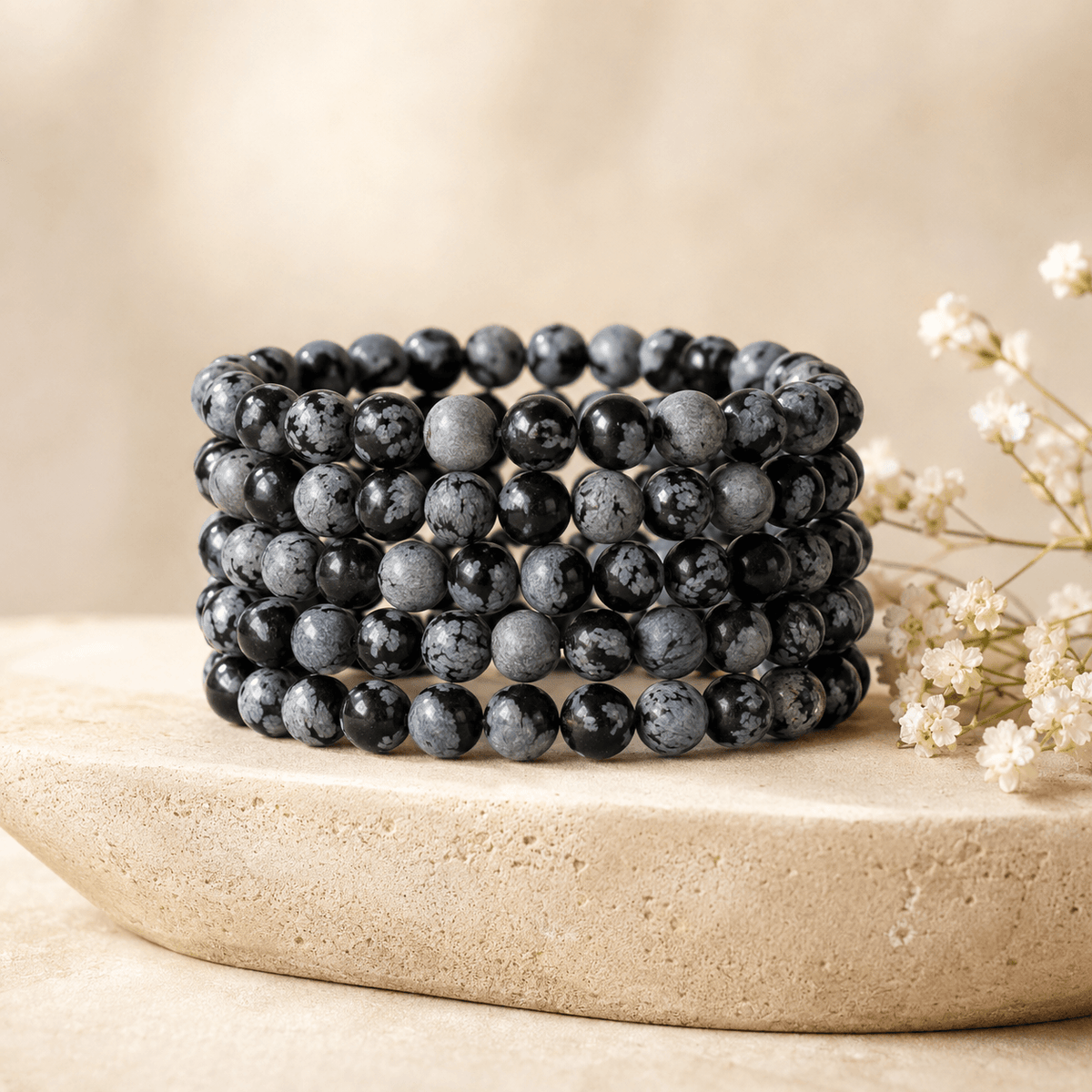 8mm Crystal Bracelet | Black Snowflake Obsidian Bracelet