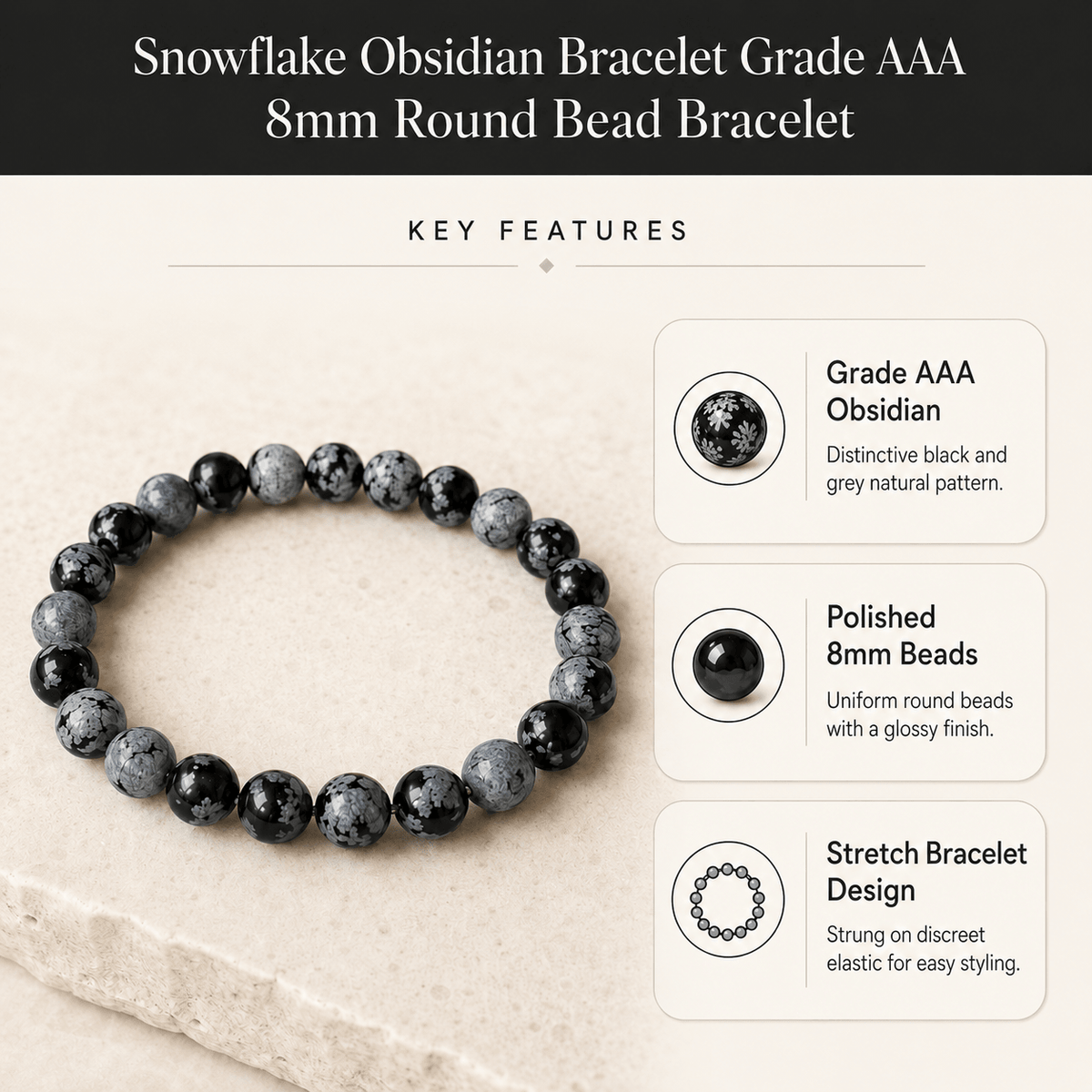 8mm Crystal Bracelet | Black Snowflake Obsidian Bracelet