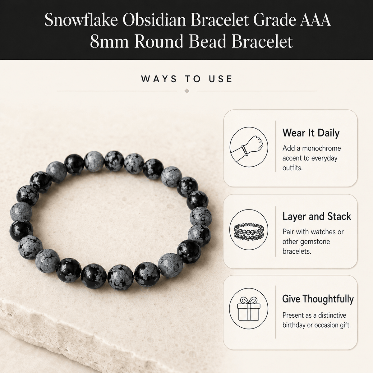 8mm Crystal Bracelet | Black Snowflake Obsidian Bracelet