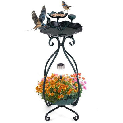 Solar Outdoor Bird Bath Feeder Combo with Flower Planter Pedestal and Solar Lights-Bronze