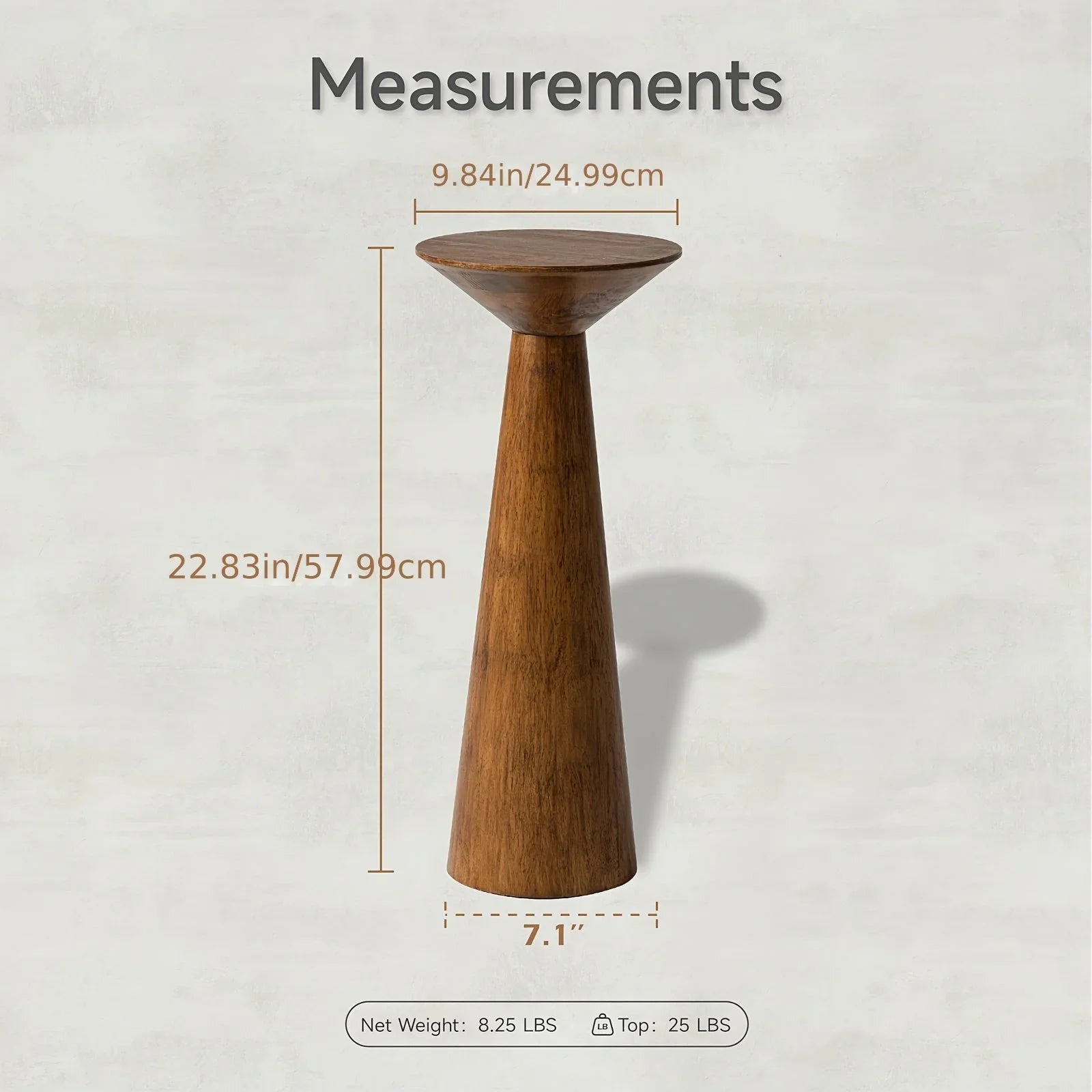 Solid Wood Modern Farmhouse Tall Pedestal End Table with Round Top - Lightweight Sturdy Indoor/Outdoor Accent Table, Walnut Finish, Compact Round Drink Table for Patio, Living Room, Bedroom, Small Space - Durable Wood Constru
