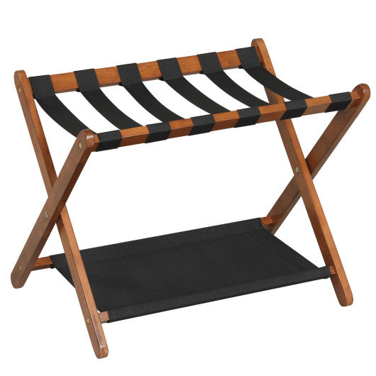 Solid Rubberwood Folding Luggage Rack with Nylon Shelves-Brown