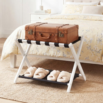 Solid Rubberwood Folding Luggage Rack with Nylon Shelves-White