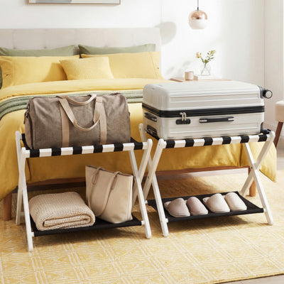 Solid Rubberwood Folding Luggage Rack with Nylon Shelves Set of 2-White