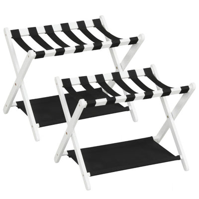 Solid Rubberwood Folding Luggage Rack with Nylon Shelves Set of 2-White