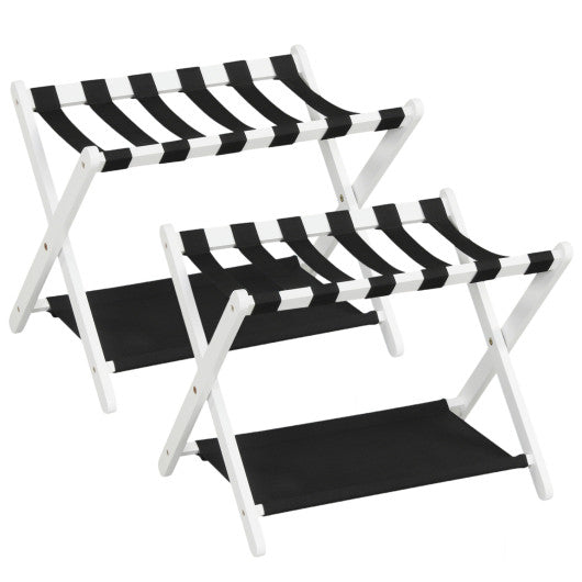 Solid Rubberwood Folding Luggage Rack with Nylon Shelves Set of 2-White