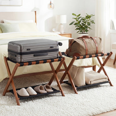 Solid Rubberwood Folding Luggage Rack with Nylon Shelves Set of 2-Brown
