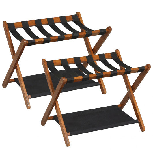 Solid Rubberwood Folding Luggage Rack with Nylon Shelves Set of 2-Brown