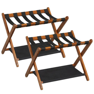 Solid Rubberwood Folding Luggage Rack with Nylon Shelves Set of 2-Brown