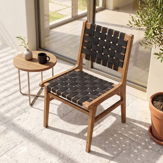Solid Teak Hand-Woven Strap Outdoor Dining Chair with Flex Support for Deck Garden