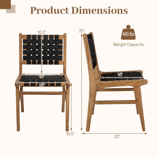 Solid Teak Hand-Woven Strap Outdoor Dining Chair with Flex Support for Deck Garden