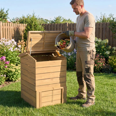 Solid Wood Compost Bin with Lockable Sliding Door and Flip-top Opening for Garden
