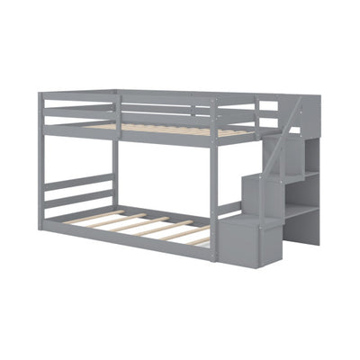 Solid Wood Twin Over Full Low Bunk Bed with Storage Stairs-Grey