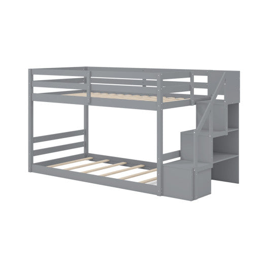 Solid Wood Twin Over Full Low Bunk Bed with Storage Stairs-Grey