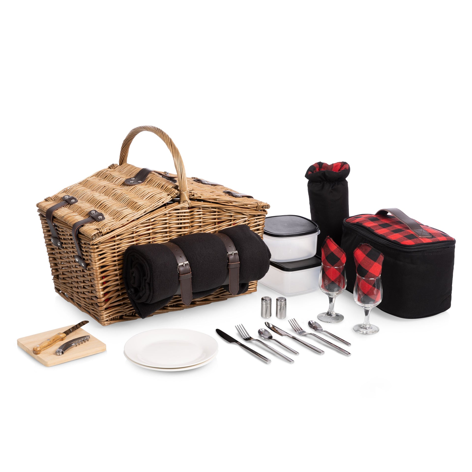 Picnic basket set with cutlery, plates, and glasses on a white background
