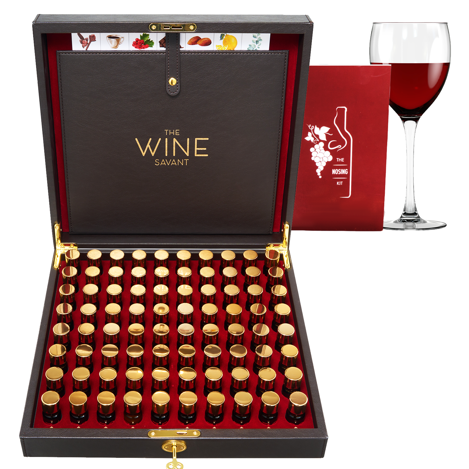 Collection of wine bottles in a 'The Wine Savant' box with a glass of red wine on a red background.