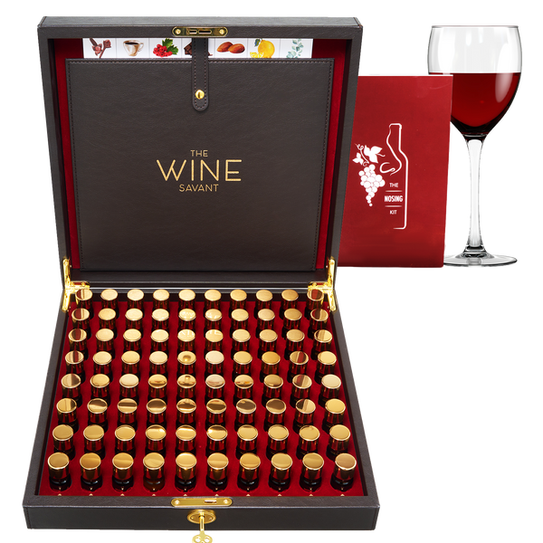 Collection of wine bottles in a 'The Wine Savant' box with a glass of red wine on a red background.