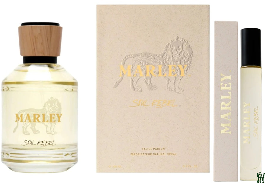 Marley perfume bottle and packaging with lion design on a white background
