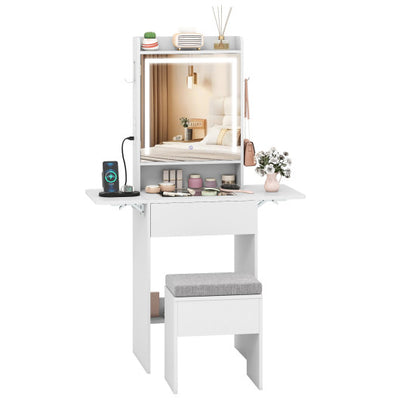 Space-saving Vanity Desk with Mirror and Lights for Bedroom-White