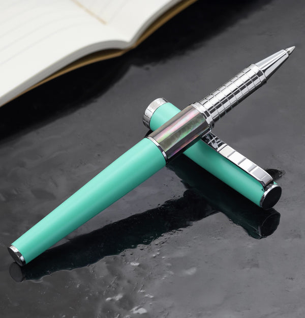 Xezo Speedmaster® Aqua Green Brass Rollerball Pen - With Tahitian Black Mother of Pearl