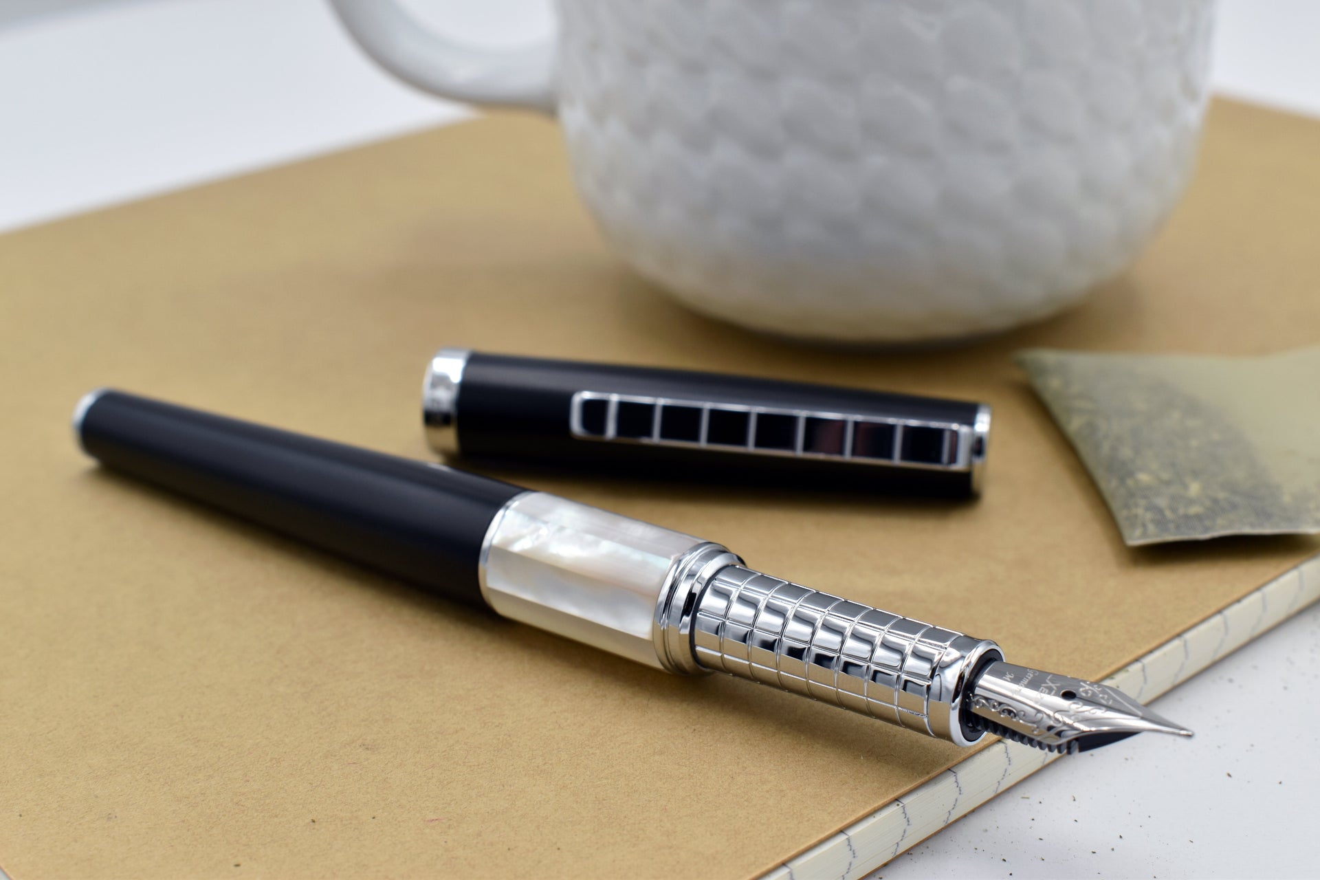 Xezo Speedmaster® Black Brass Fountain Pen (Medium Nib) - With White Mother of Pearl