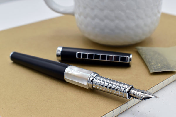 Xezo Speedmaster® Black Brass Fountain Pen (Medium Nib) - With White Mother of Pearl