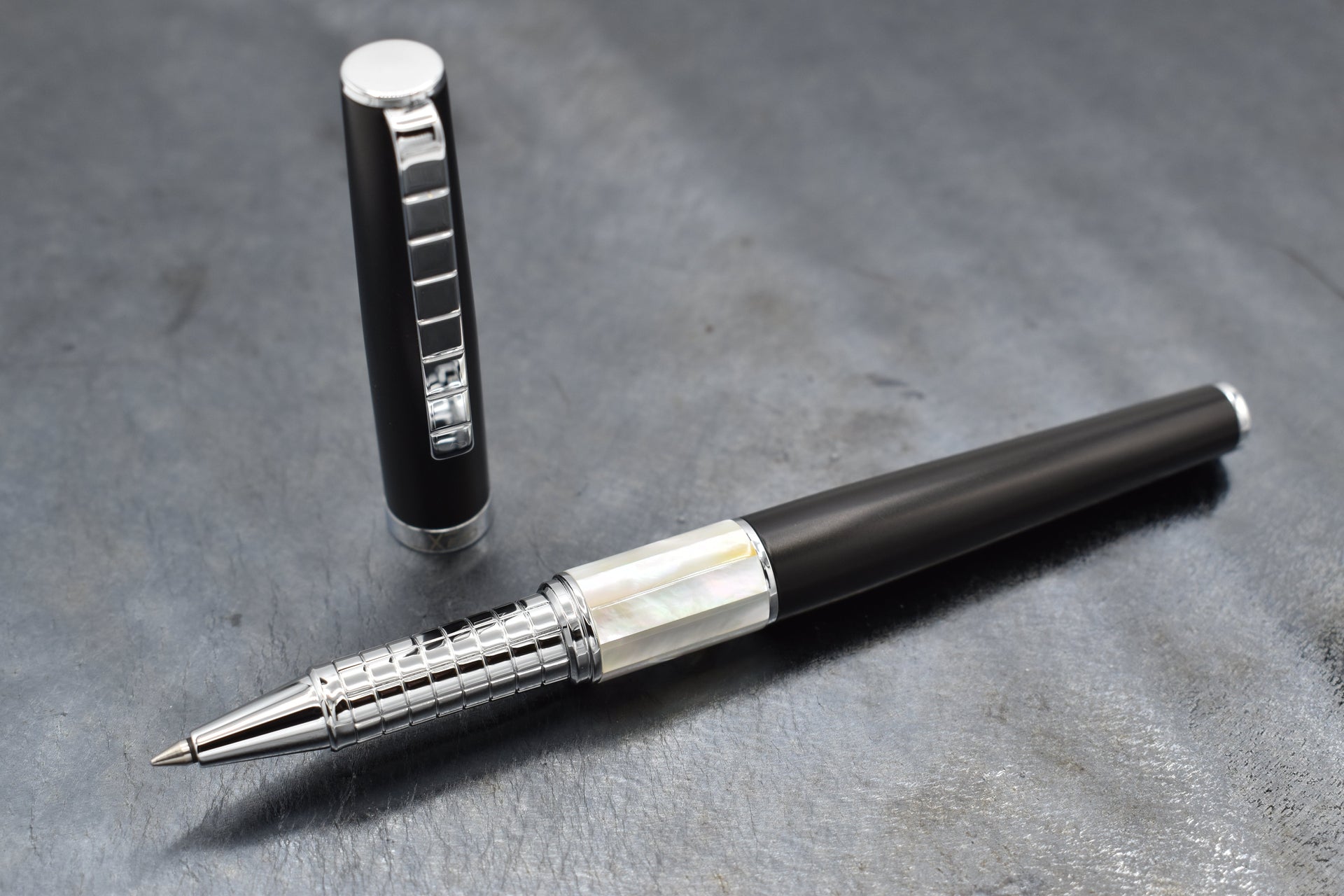 Xezo Speedmaster® Black Brass Rollerball Pen - With White Mother of Pearl