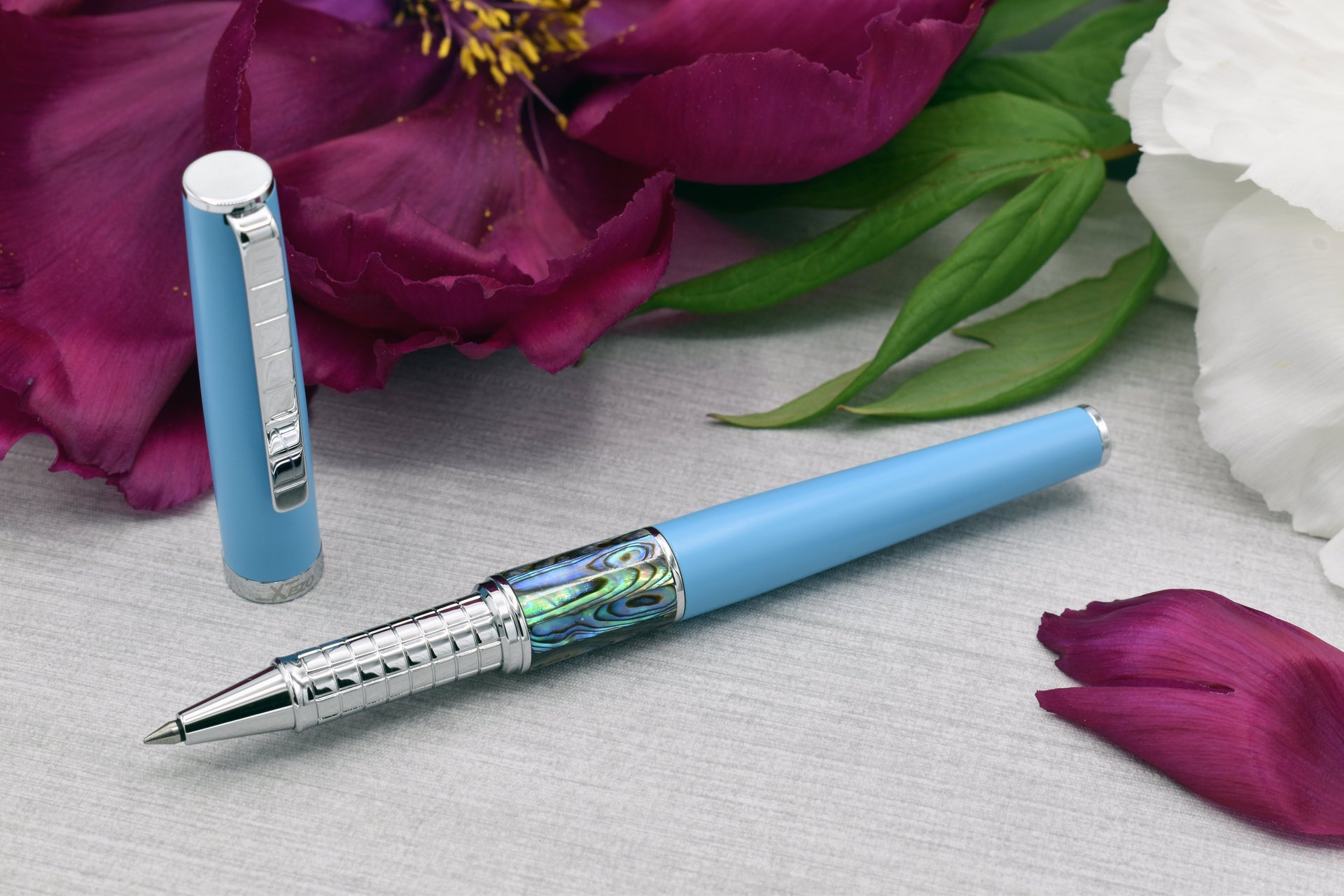 Xezo Speedmaster® Sky Blue Brass Rollerball Pen - With Paua Abalone