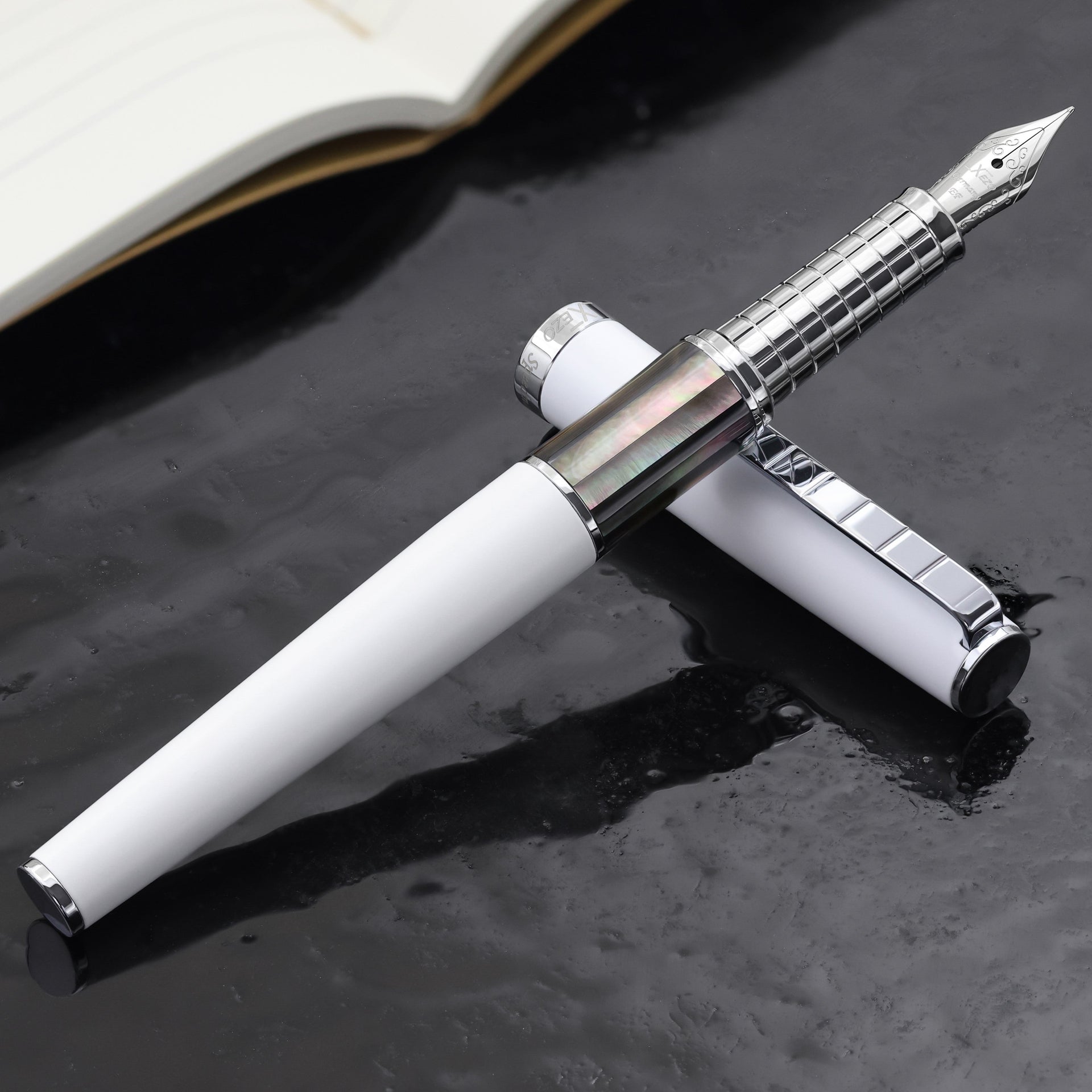 Xezo Speedmaster® White Brass Fountain Pen (Extra Fine Nib) - With Tahitian Black Mother of Pearl