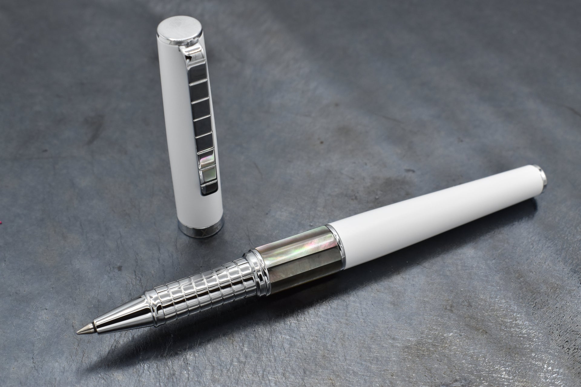 Xezo Speedmaster® White Brass Rollerball Pen - With Tahitian Black Mother of Pearl