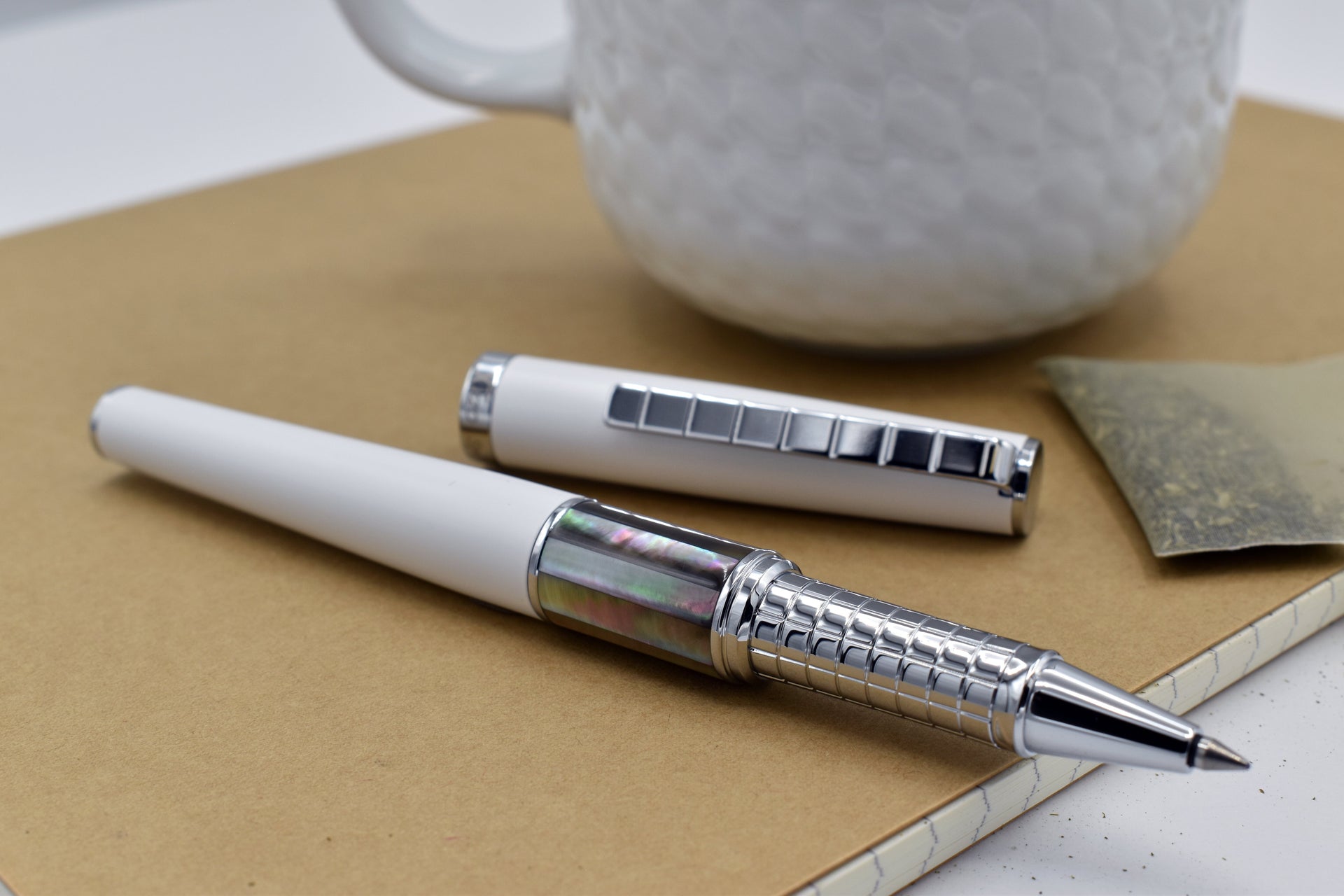 Xezo Speedmaster® White Brass Rollerball Pen - With Tahitian Black Mother of Pearl