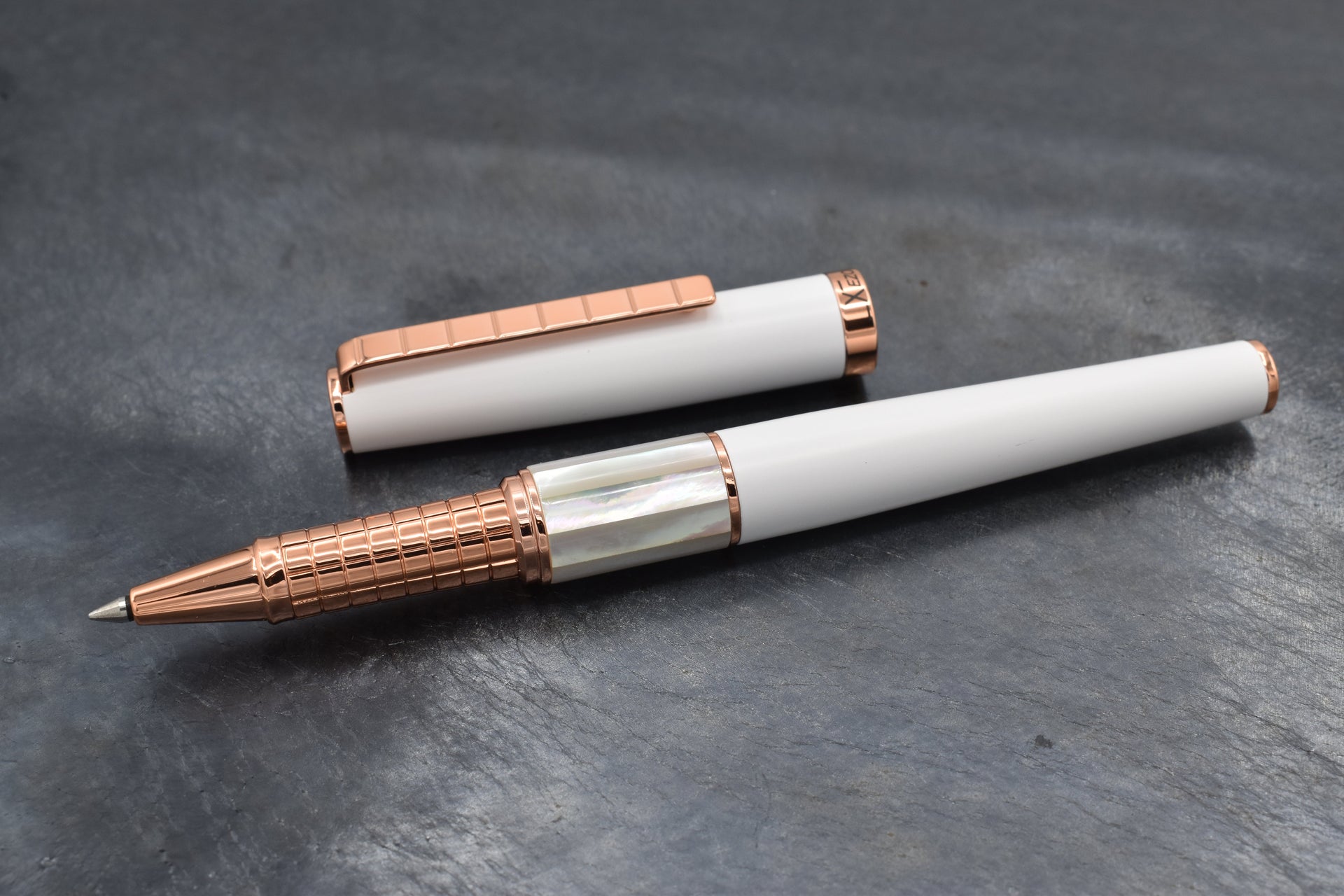Xezo Speedmaster® White Brass Rollerball Pen - With White Mother of Pearl & Rose Gold