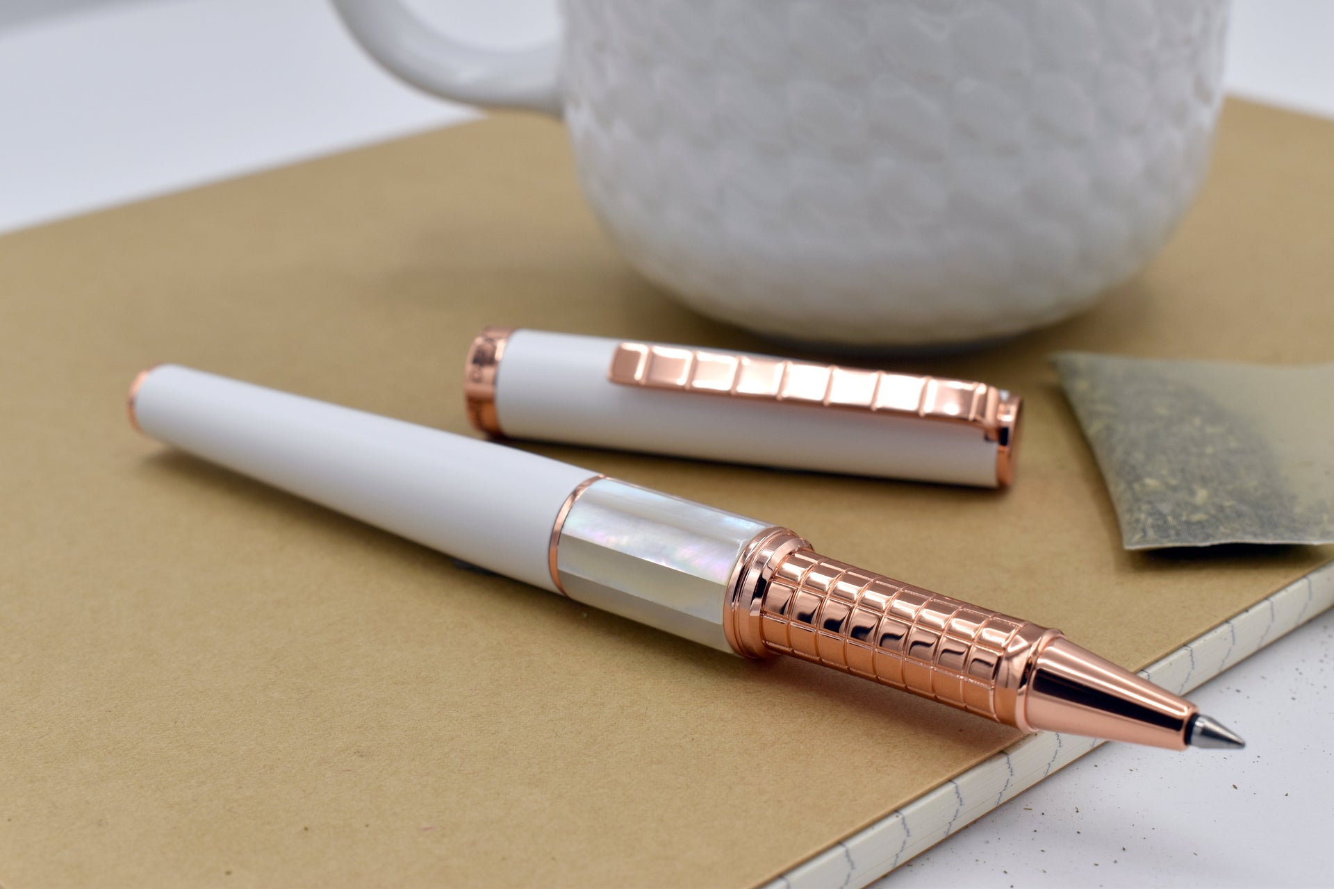 Xezo Speedmaster® White Brass Rollerball Pen - With White Mother of Pearl & Rose Gold