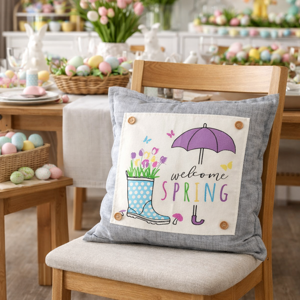 NEW! SQUARE BUNDLE SET: CHARCOAL PILLOW (comes with foam insert and these 3 panels in back pocket); Winter : LODGE, HEARTS, SPRING BOOT