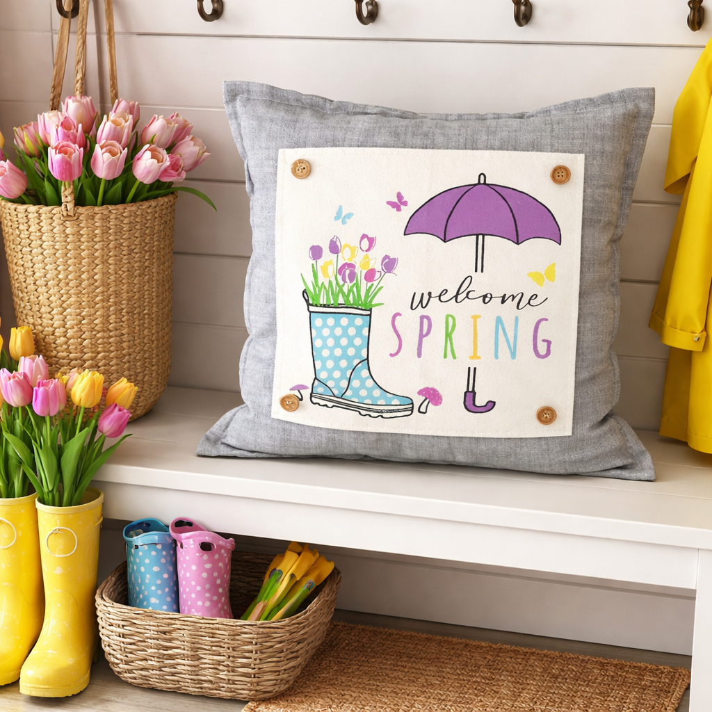 NEW! SQUARE BUNDLE SET: CHARCOAL PILLOW (comes with foam insert and these 3 panels in back pocket); Winter : LODGE, HEARTS, SPRING BOOT