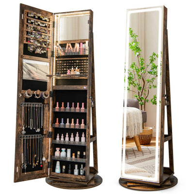 Standing Jewelry Cabinet with Adjustable LED Lights-Coffee