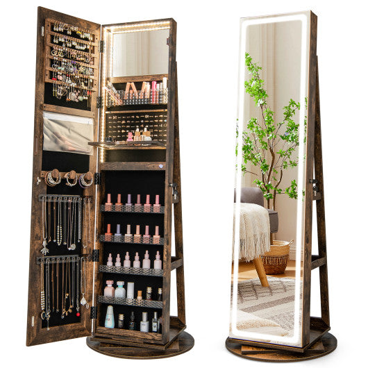 Standing Jewelry Cabinet with Adjustable LED Lights-Coffee