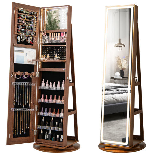 Standing Jewelry Cabinet with Adjustable LED Lights-Brown