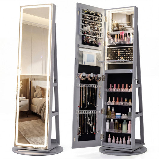 Standing Jewelry Cabinet with Adjustable LED Lights-Gray