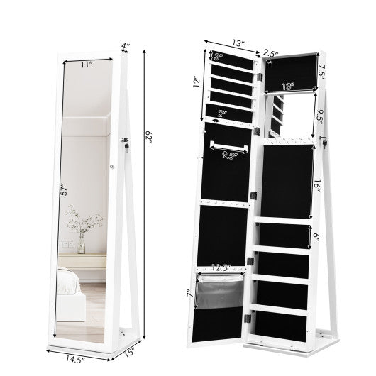 Standing Lockable Jewelry Storage Organizer with Full-Length Mirror-White