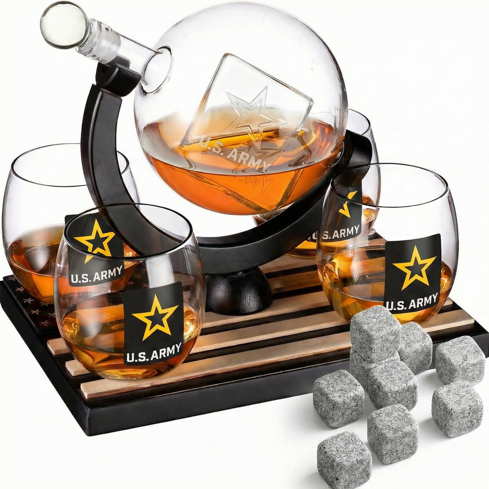 Army Globe Whiskey Decanter Set & 4 Liquor Glasses - Whisky Decanter & Glass Set with Wood Base and 9 Whiskey Stone - Father's Day US Army Licensed Gifts for Men - Bourbon Scotch Military Veteran Gift