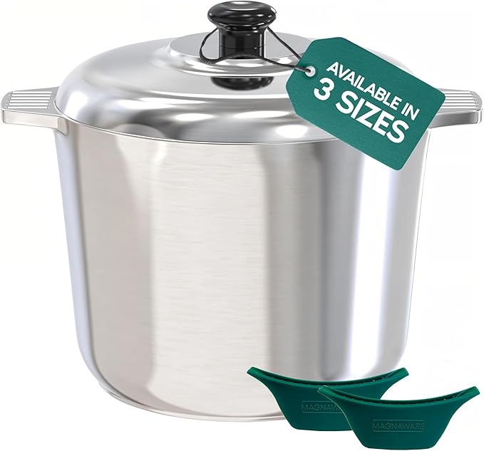 Stainless steel pressure cooker with green tag indicating available sizes on a white background