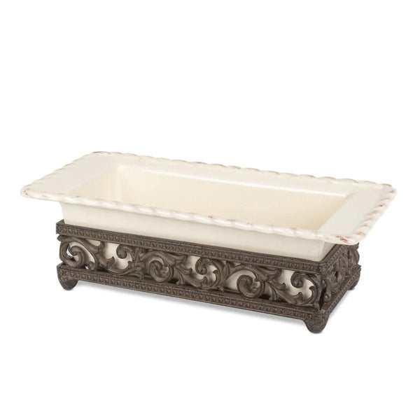 Stoneware Loaf Serving Dish with Metal Acanthus Leaf Base - Gifts for You 'n Me