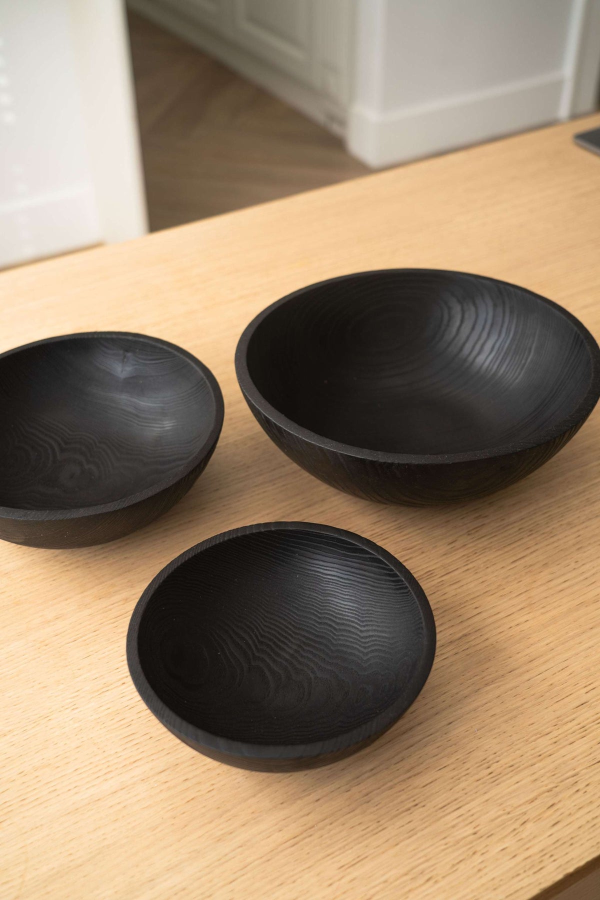 Hand Carved Charred Wooden Salad Bowl Set