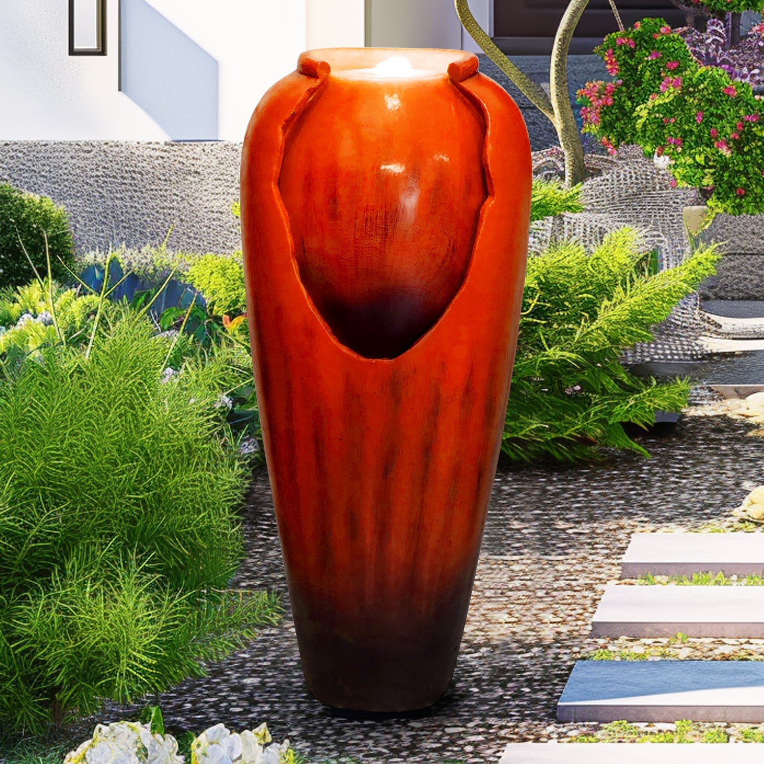 Resin Glazed Cutout Urn Outdoor Water Fountain 30 Inch