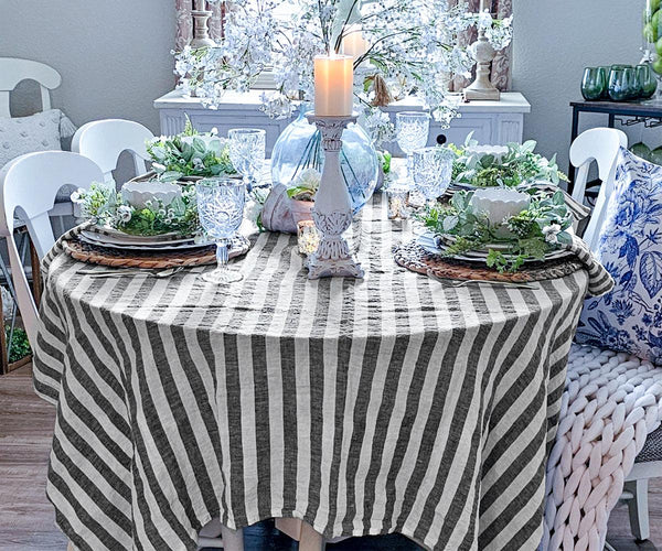 Farmhouse Stripe Linen Round Tablecloth